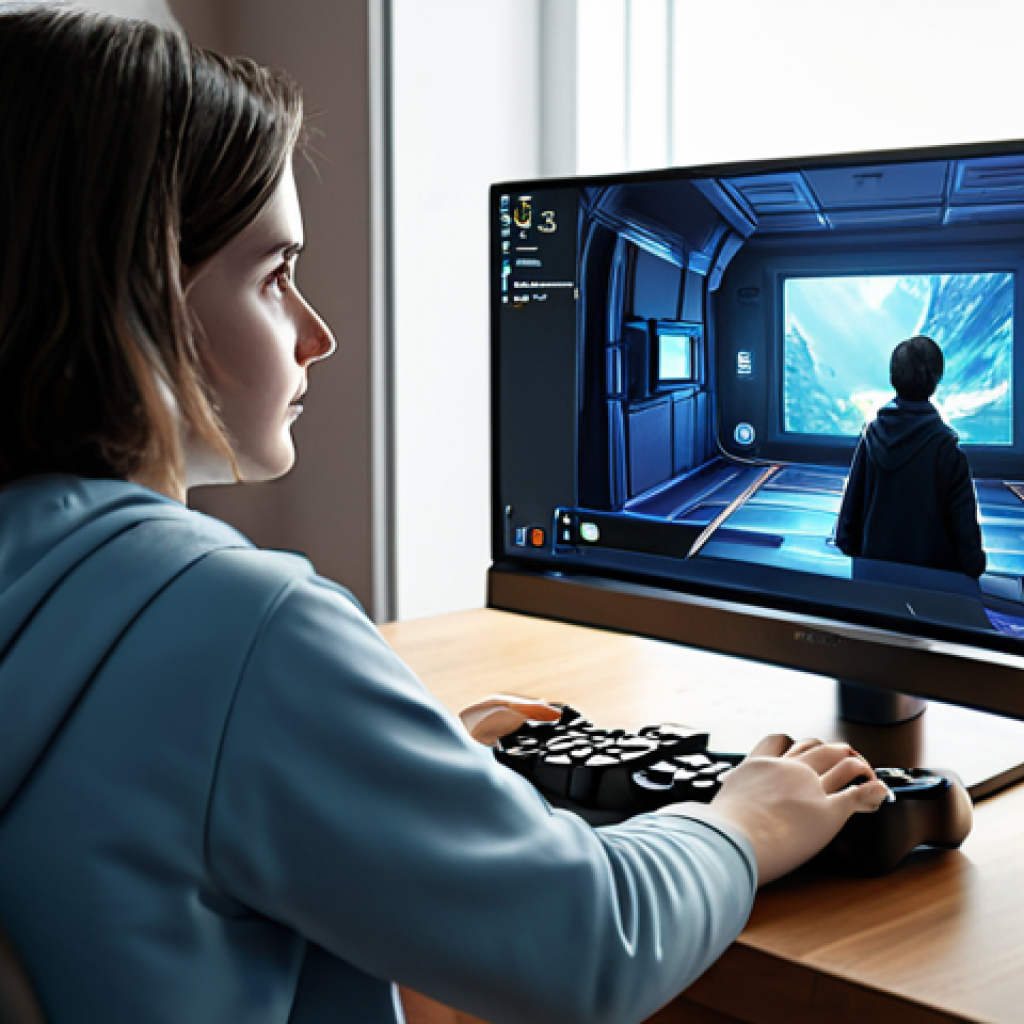 A young adult, fully clothed in modest, comfortable casual attire, is intently playing a modern video game on a high-resolution monitor in a cozy, well-lit gaming room. The screen subtly displays stylized game elements, suggesting a fantasy or sci-fi world, and the person's hands are on a game controller or keyboard. Their expression conveys engagement, discovery, and a sense of understanding a complex system. Perfect anatomy, correct proportions, natural pose, well-formed hands, proper finger count, natural body proportions, professional photography, cinematic lighting, high quality, safe for work, appropriate content, fully clothed, family-friendly.