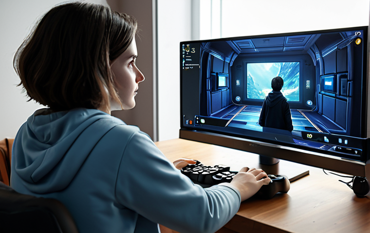 A young adult, fully clothed in modest, comfortable casual attire, is intently playing a modern video game on a high-resolution monitor in a cozy, well-lit gaming room. The screen subtly displays stylized game elements, suggesting a fantasy or sci-fi world, and the person's hands are on a game controller or keyboard. Their expression conveys engagement, discovery, and a sense of understanding a complex system. Perfect anatomy, correct proportions, natural pose, well-formed hands, proper finger count, natural body proportions, professional photography, cinematic lighting, high quality, safe for work, appropriate content, fully clothed, family-friendly.
