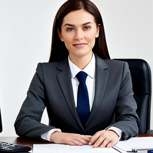 Home 24 A professional businesswoman in a modest business suit, sitting at a desk in a modern office, fully clothed, appropriate attire, safe for work, perfect anatomy, natural proportions, professional photography, high quality.