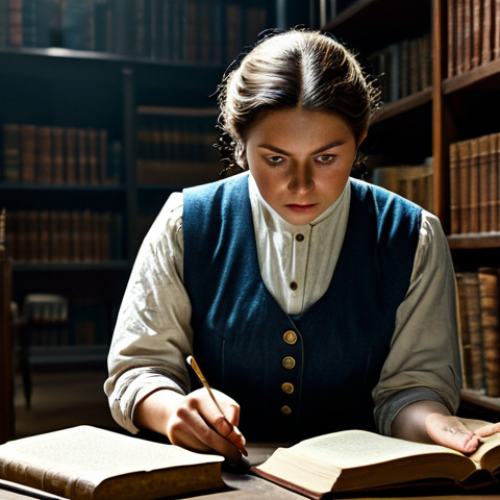 Home 23 **
"A determined Timekeeper in practical, layered clothing, exploring a historical archive filled with dusty books and antique artifacts. She is fully clothed in a modest outfit suitable for research. Dim lighting, focused on details. Safe for work, appropriate content, professional quality, perfect anatomy, natural proportions."
**
