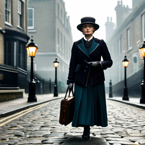 Home 22 **
"A stylish Arcanist, female, in a meticulously tailored Victorian-era suit, walking down a cobblestone street in a foggy London, 1920s style. Gas lamps illuminate the scene, casting long shadows. Holding a vintage leather briefcase. Moody atmosphere. Perfect anatomy, correct proportions, well-formed hands, proper finger count, natural pose, fully clothed, appropriate attire, safe for work, professional, family-friendly, high quality, intricate details, art nouveau influences."
**