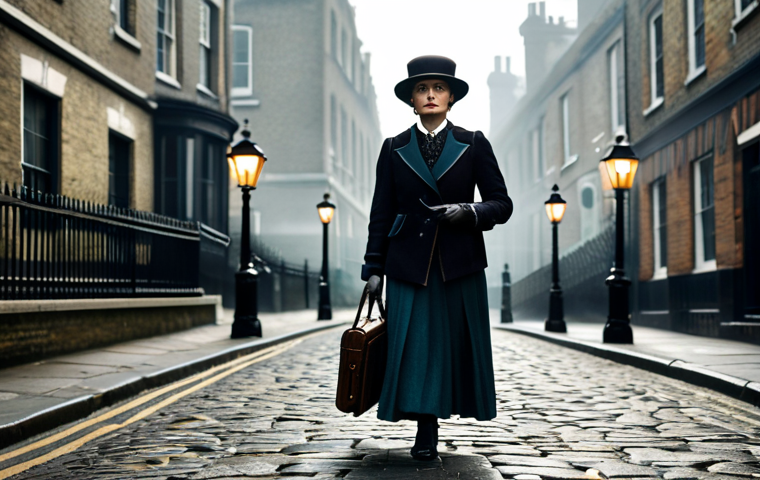 **

"A stylish Arcanist, female, in a meticulously tailored Victorian-era suit, walking down a cobblestone street in a foggy London, 1920s style. Gas lamps illuminate the scene, casting long shadows. Holding a vintage leather briefcase. Moody atmosphere. Perfect anatomy, correct proportions, well-formed hands, proper finger count, natural pose, fully clothed, appropriate attire, safe for work, professional, family-friendly, high quality, intricate details, art nouveau influences."

**