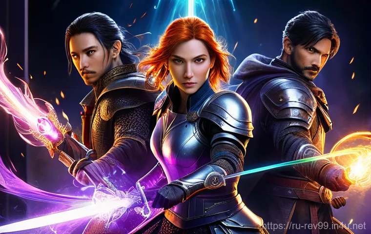 리버스 1999 최고 효율 연계기술 - "An epic fantasy team, inspired by tactical RPGs like 'Reverse: 1999', stands united on a shimmering...