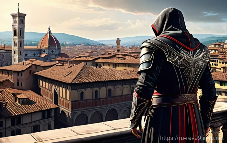 리버스 1999 패치노트 리뷰 - A highly detailed, cinematic illustration of Ezio Auditore da Firenze, wearing his iconic Assassin's...