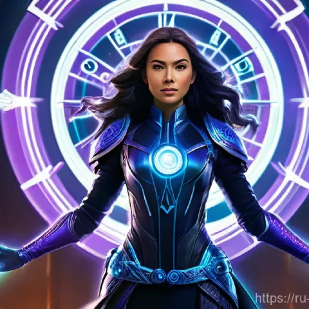 리버스 1999 캐릭터별 추천 장비 - **Prompt:** A dynamic, full-body shot of a female Arcanist from Reverse: 1999, embodying immense pow...