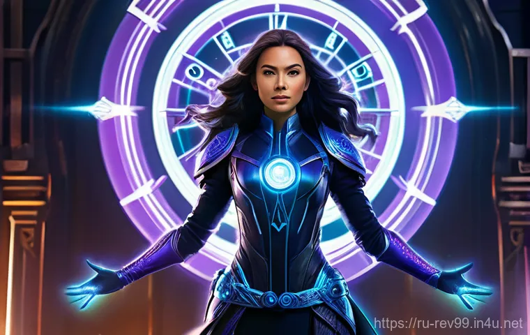 리버스 1999 캐릭터별 추천 장비 - **Prompt:** A dynamic, full-body shot of a female Arcanist from Reverse: 1999, embodying immense pow...