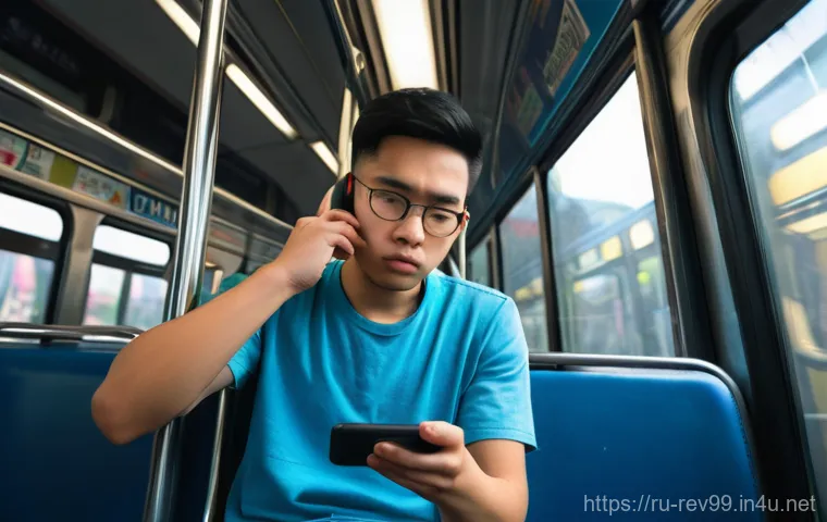 리버스 1999 추천 게임패드 - **Prompt:** A young adult, around 20 years old, sitting on a public bus or subway train, looking vis...