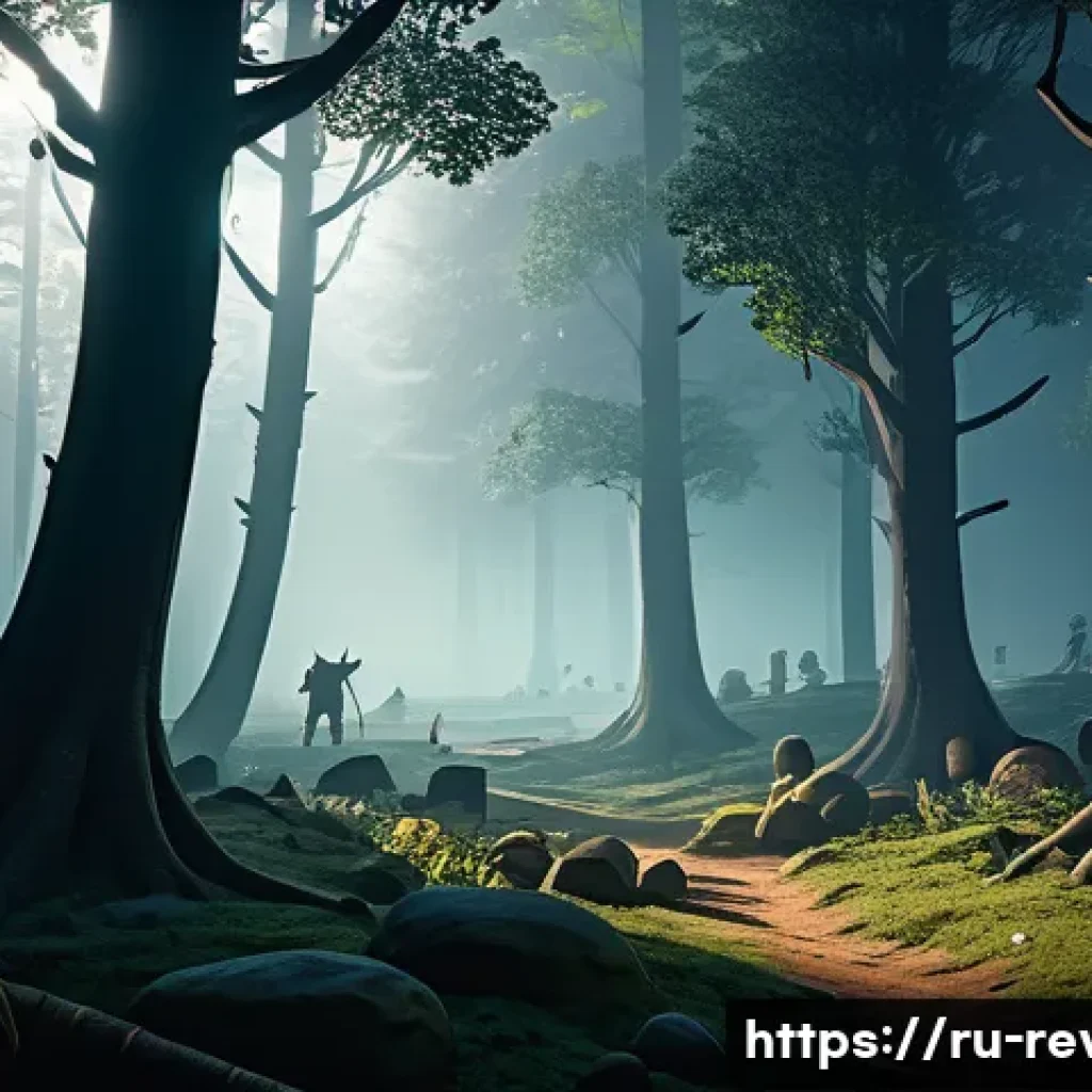 리버스 1999 주요 아이템 드랍 위치 - A dense forest clearing at dusk filled with various monsters like goblins and forest beasts, vibrant...