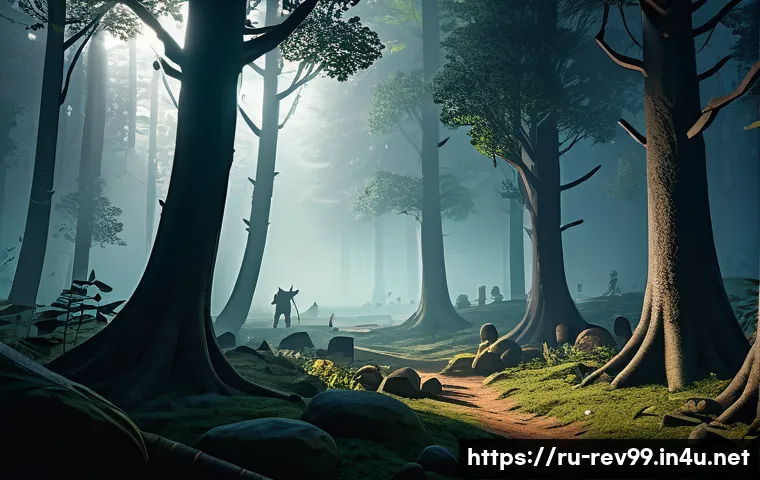리버스 1999 주요 아이템 드랍 위치 - A dense forest clearing at dusk filled with various monsters like goblins and forest beasts, vibrant...