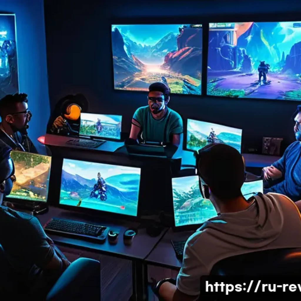 리버스 1999 팬 커뮤니티 활용 방법 - A vibrant gaming community scene showing diverse players gathered around multiple screens in a cozy,...