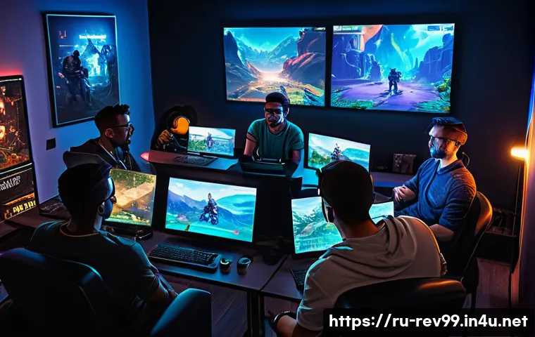 리버스 1999 팬 커뮤니티 활용 방법 - A vibrant gaming community scene showing diverse players gathered around multiple screens in a cozy,...