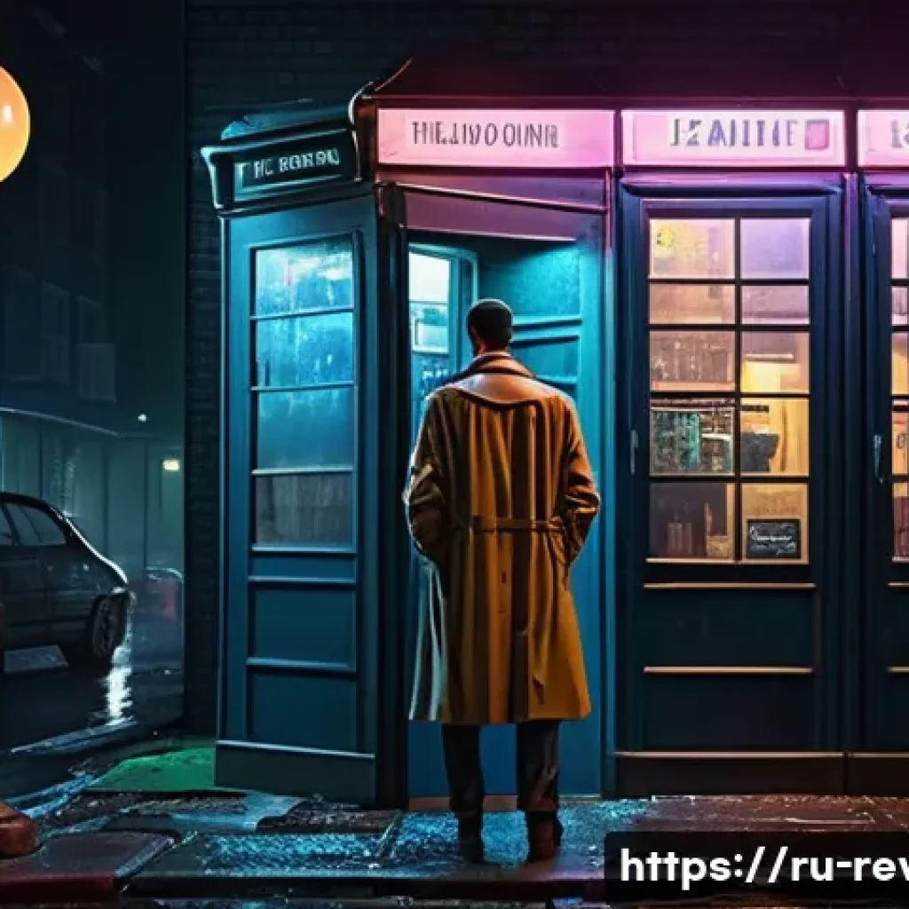리버스 1999 유저 추천 스토리 콘텐츠 - A dark, atmospheric urban street scene set in a near-future 1999 city, featuring rain-soaked cobbles...