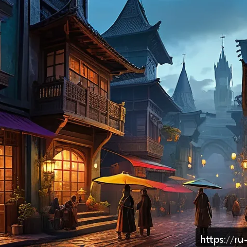리버스 1999 신규 스토리 프리뷰 - A richly detailed fantasy cityscape at dusk, showcasing a vibrant, mysterious world with ancient arc...