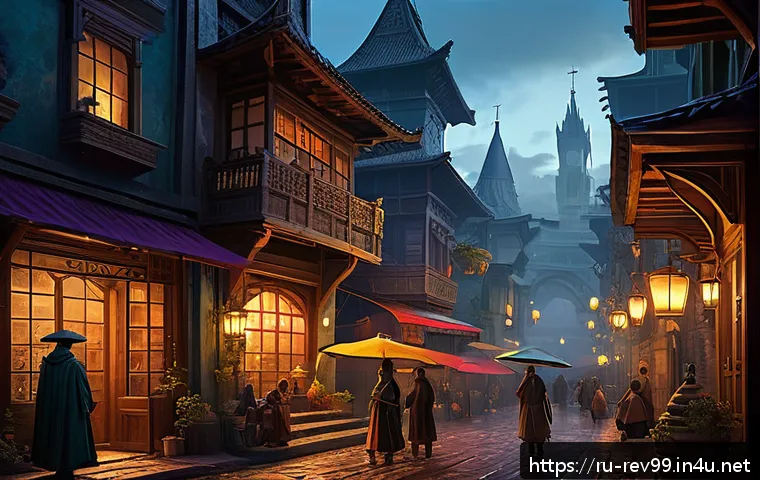 리버스 1999 신규 스토리 프리뷰 - A richly detailed fantasy cityscape at dusk, showcasing a vibrant, mysterious world with ancient arc...