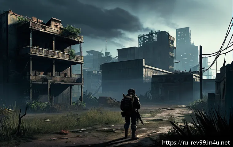 리버스 1999 게임 관련 추천 블로그 - A post-apocalyptic abandoned cityscape from the game Rebirth:1999, featuring crumbling buildings and...