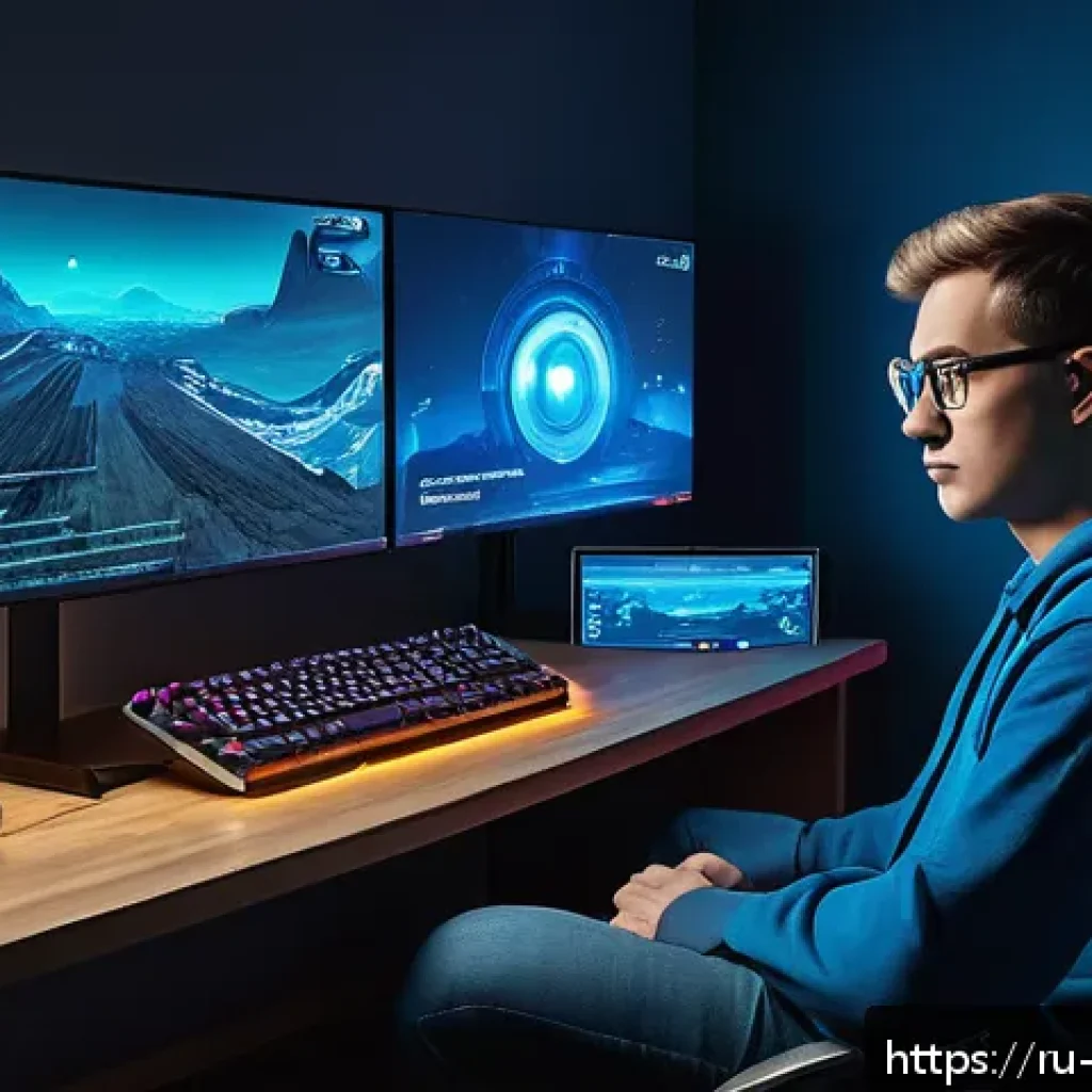 리버스 1999 게임 외부 도구 추천 - A futuristic gaming setup with a Russian player using multiple monitors displaying the game "Reverse...