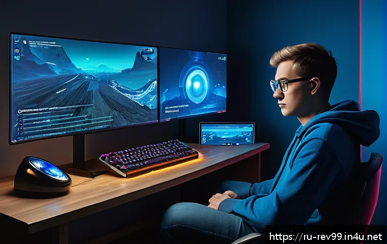 리버스 1999 게임 외부 도구 추천 - A futuristic gaming setup with a Russian player using multiple monitors displaying the game "Reverse...
