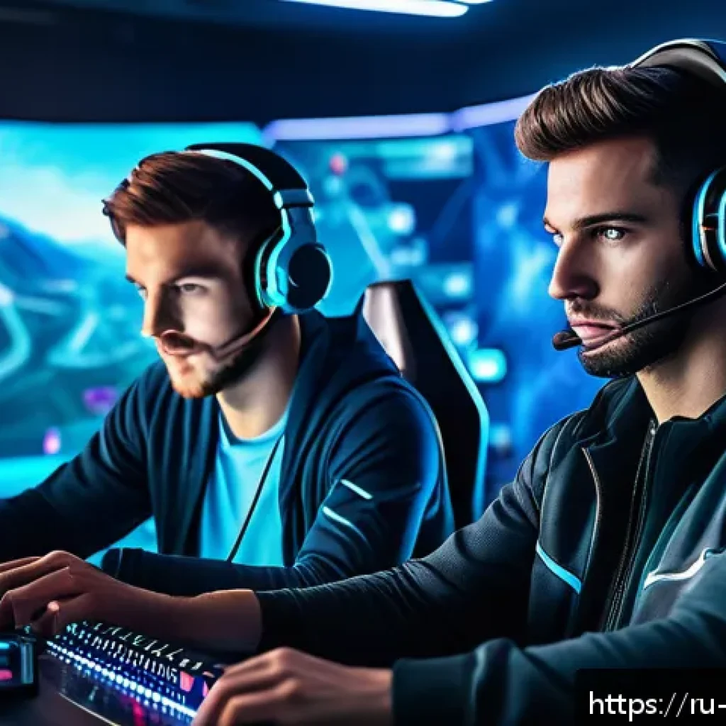 리버스 1999 친구 추가와 협력 플레이 - A dynamic esports team in a futuristic gaming room, focused and communicating via headsets with vivi...