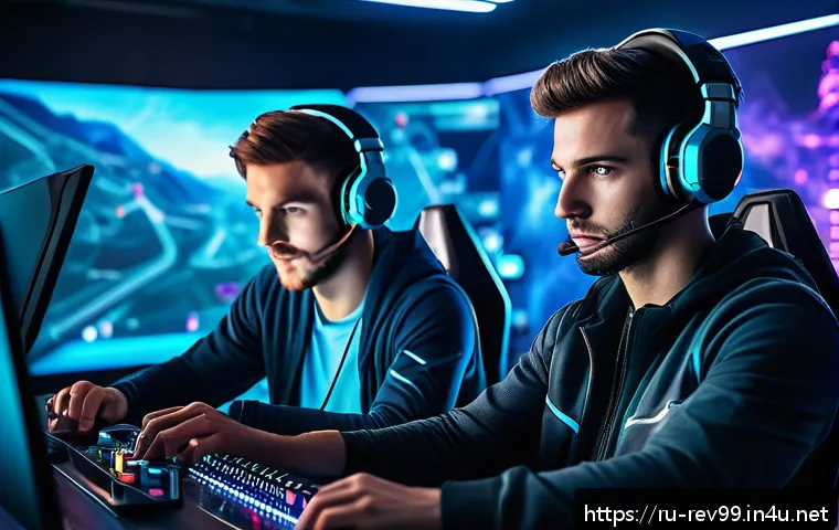 리버스 1999 친구 추가와 협력 플레이 - A dynamic esports team in a futuristic gaming room, focused and communicating via headsets with vivi...