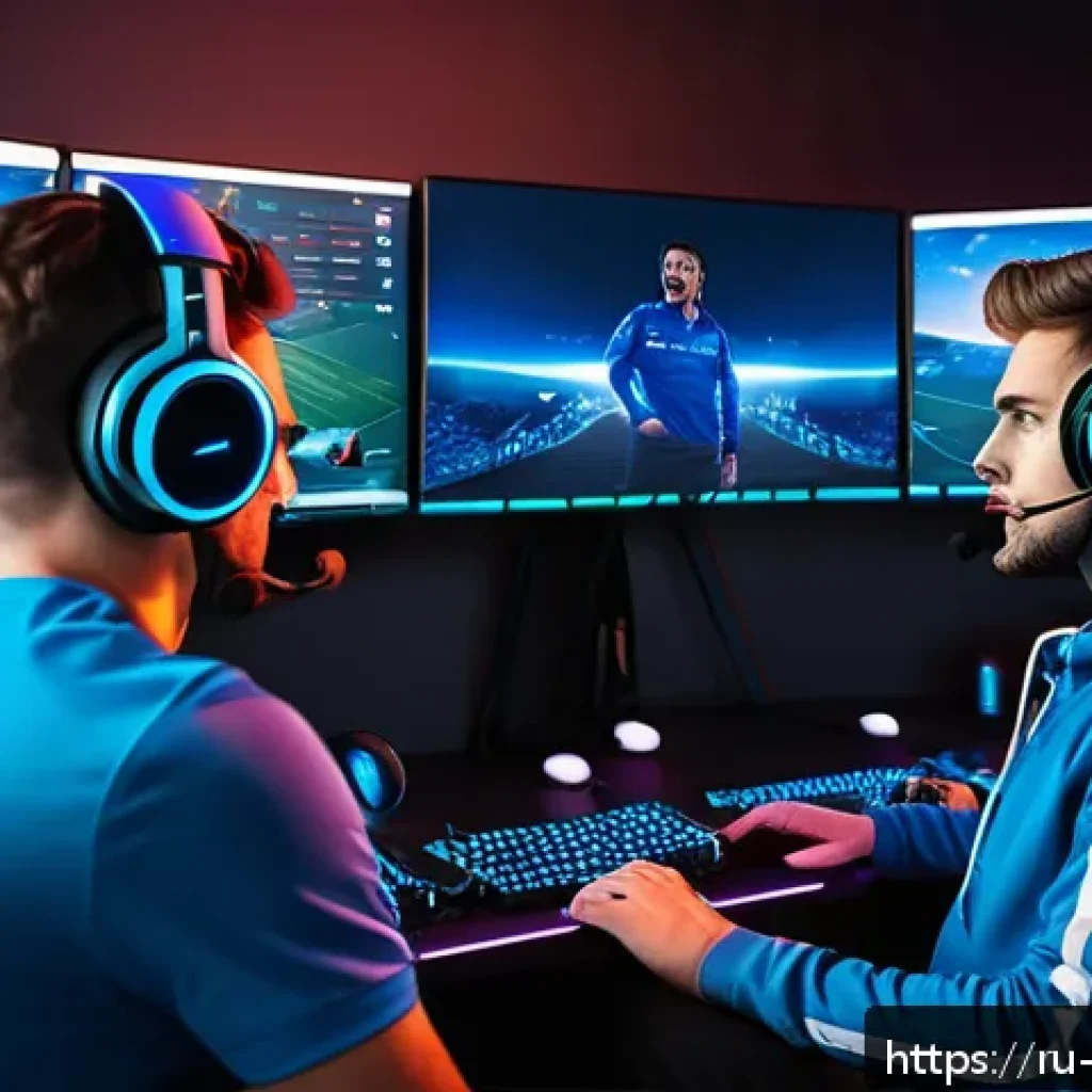리버스 1999 유저간의 팀워크 향상 - A detailed digital illustration of a diverse esports team in a modern gaming room, actively communic...