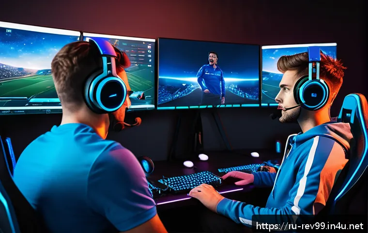 리버스 1999 유저간의 팀워크 향상 - A detailed digital illustration of a diverse esports team in a modern gaming room, actively communic...