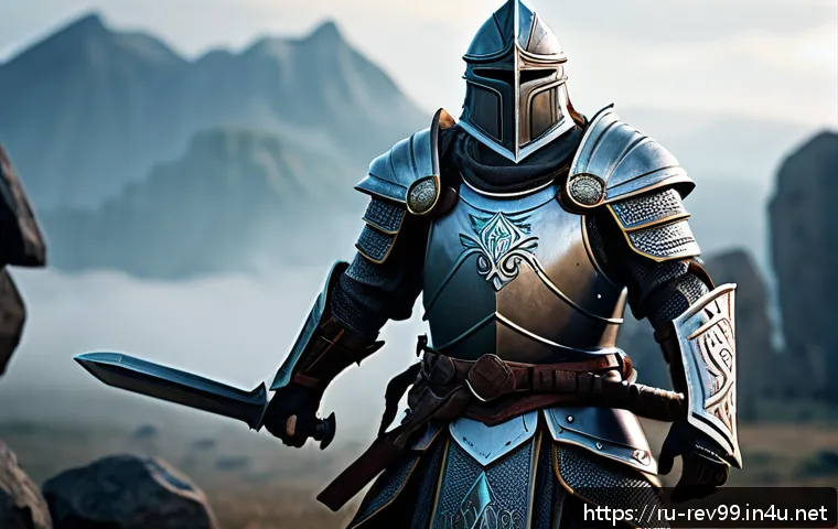 리버스 1999 초보자를 위한 기본 팁 - A dynamic fantasy warrior character in mid-battle stance, wearing intricately designed heavy armor w...