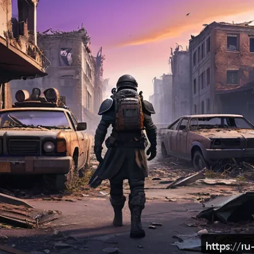 리버스 1999 필수 장비 수집처 - A detailed post-apocalyptic scene of an abandoned city at dusk, featuring crumbling buildings overgr...
