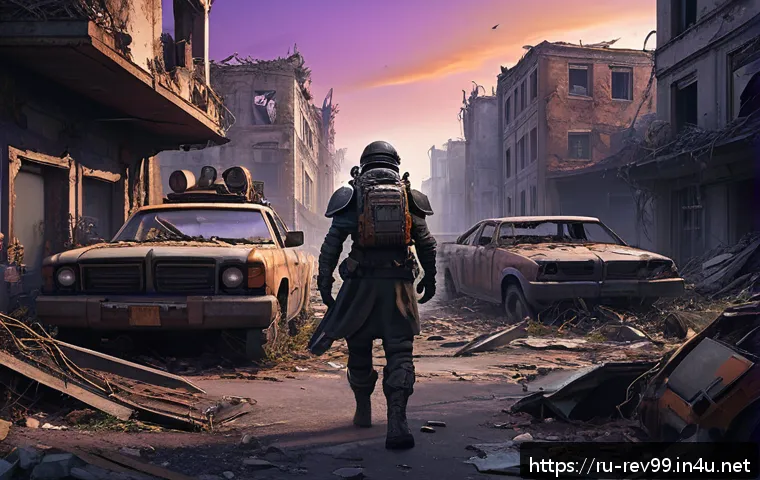 리버스 1999 필수 장비 수집처 - A detailed post-apocalyptic scene of an abandoned city at dusk, featuring crumbling buildings overgr...