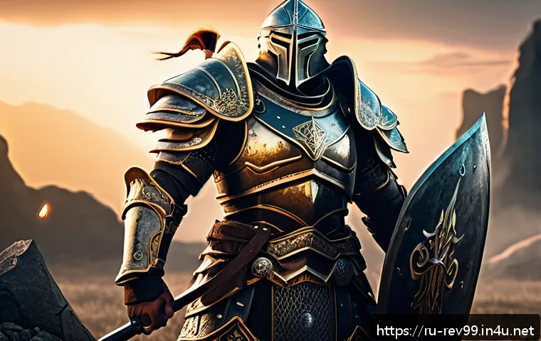 리버스 1999 커스터마이징 옵션 가이드 - A detailed digital illustration of a warrior character in heavy armor designed for maximum defense a...