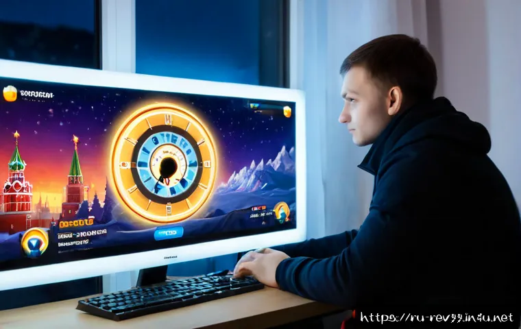 Home 17 리버스 1999 공식 이벤트 정보 - Photorealistic Russian gaming enthusiast at a clean home desk in Moscow, viewing a fantasy time-trav...