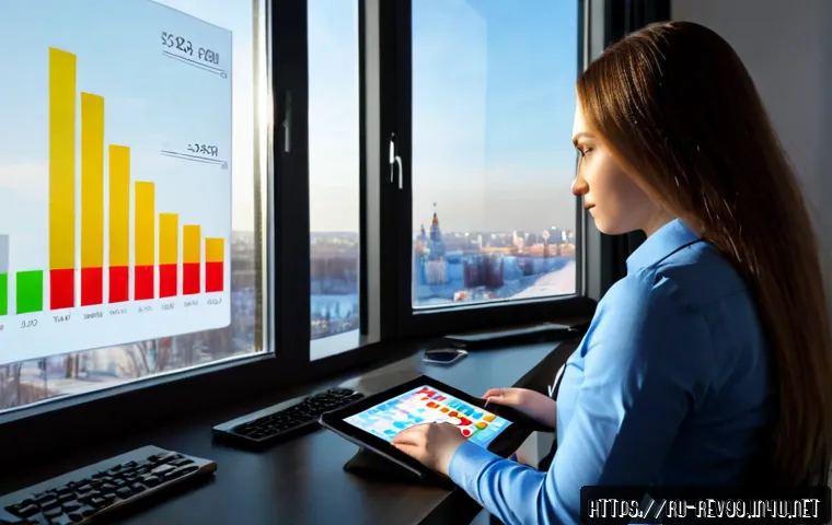 Home 17 리버스 1999 매출 순위 분석 - Photorealistic mobile game revenue analysis scene in a modern Moscow home office, Russian business a...